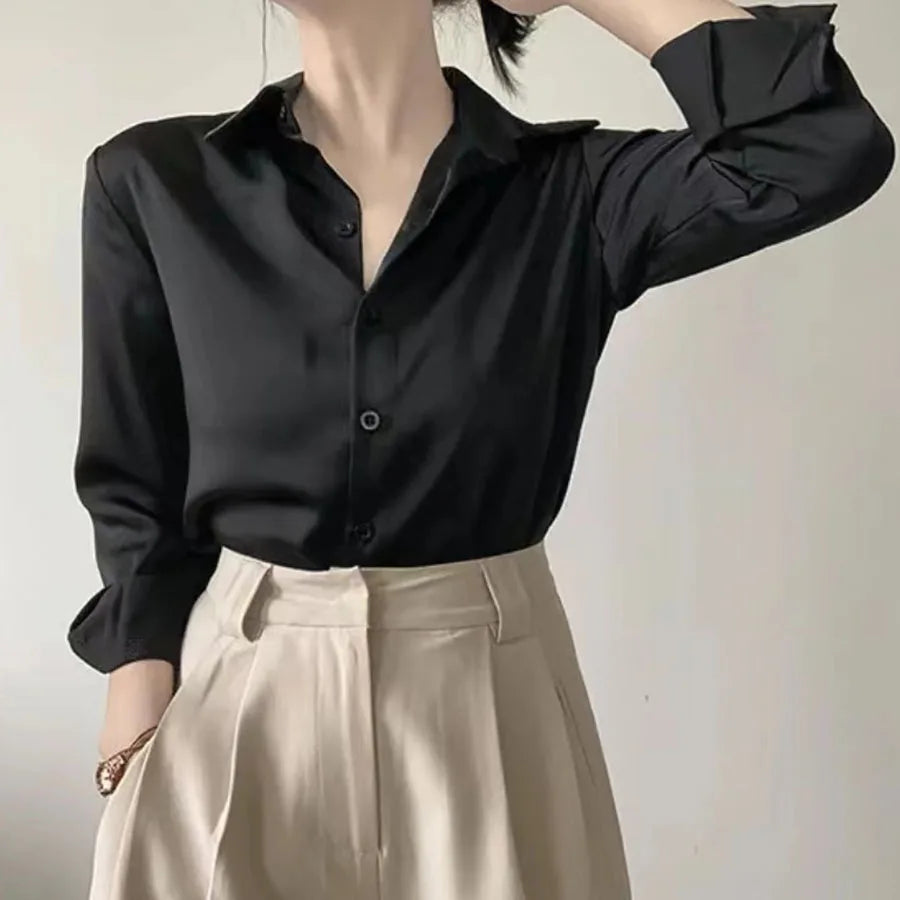 Simple Women's Satin Shirts Thin Spring New Solid Color Long Sleeve Advanced Sense Top Office Elegant Ladies Work Wear Fashion