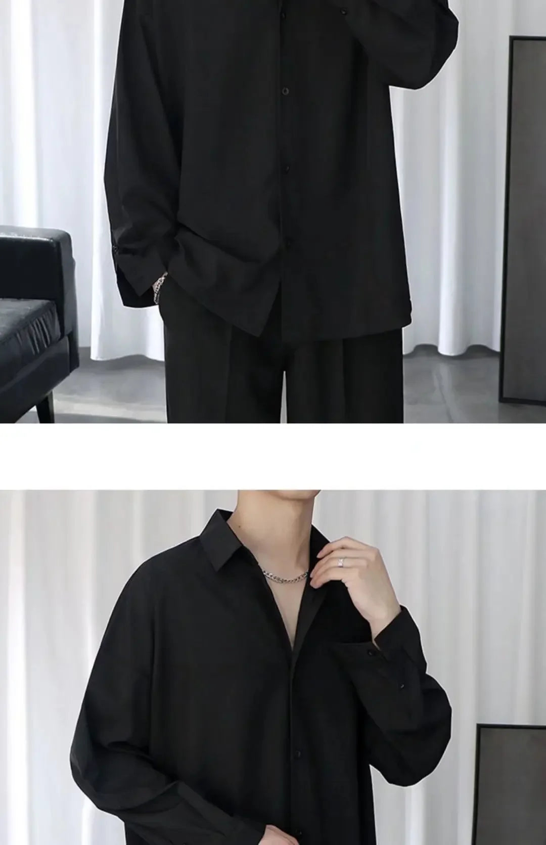Black Shirt Men's Handsome Loose Drooping Long-sleeved Spring, Summer and Autumn Casual Men's Fashion Handsome Ice Silk Jacket