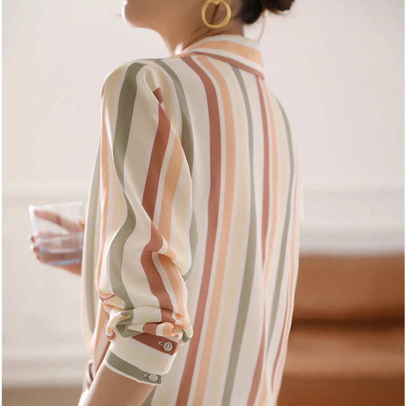 Stripe Women Shirt Satin Vintage Shirt for Women 2023 Autumn Clothes Korean Fashion Shirts and Blouses Basic Elegant Womens Tops
