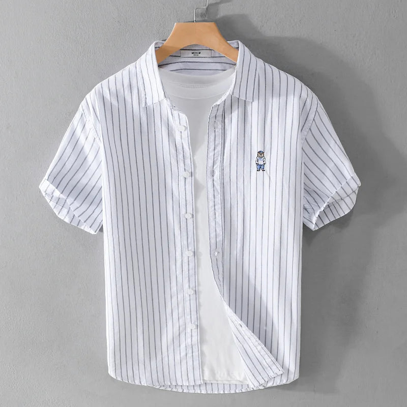 Summer Business Casual Men's Striped Short Sleeve Shirt Fashion Bear Embroidered Loose Trend Male Simple Versatile Tops Shirt