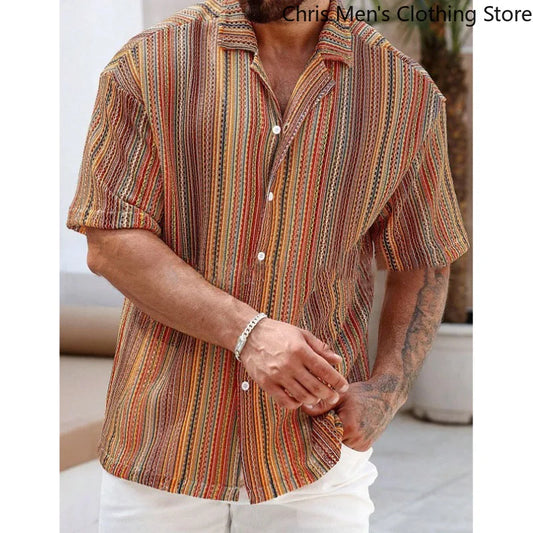 Hawaiian Men's Shirt 2025 Summer Striped Cutout Sexy Beach Short-sleeved Shirt, Trendy Men's Wear for Vacation and Nightclubs
