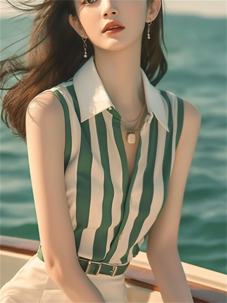 Sleeveless Shirt For Women Blouse Summer Woman Clothes Shirts Green Whiite Striped Blous Laple Cardigan Button Shirt Tops