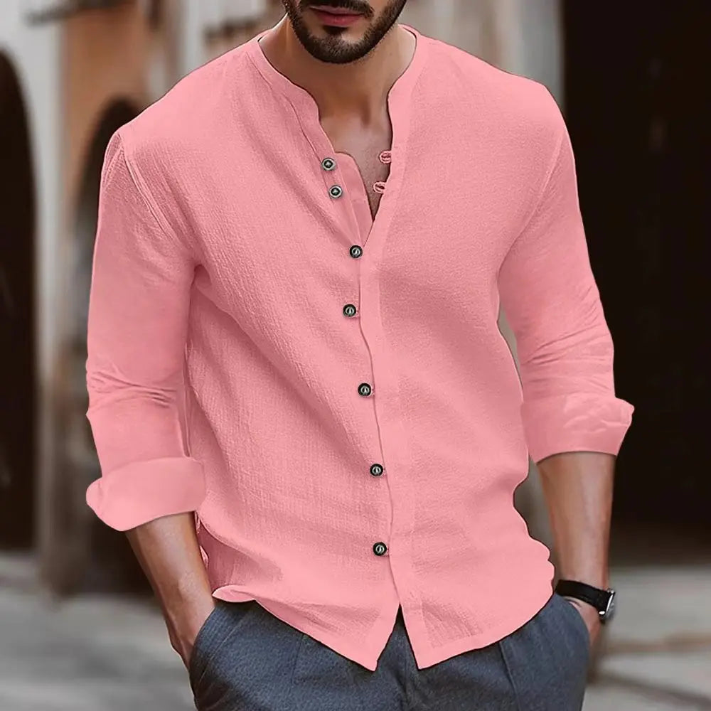 Solid-color Slim-fitting Home Shirt A New Fashionable Men's Retro Button Shopping And Casual Long-sleeved Shirt From Hawaii
