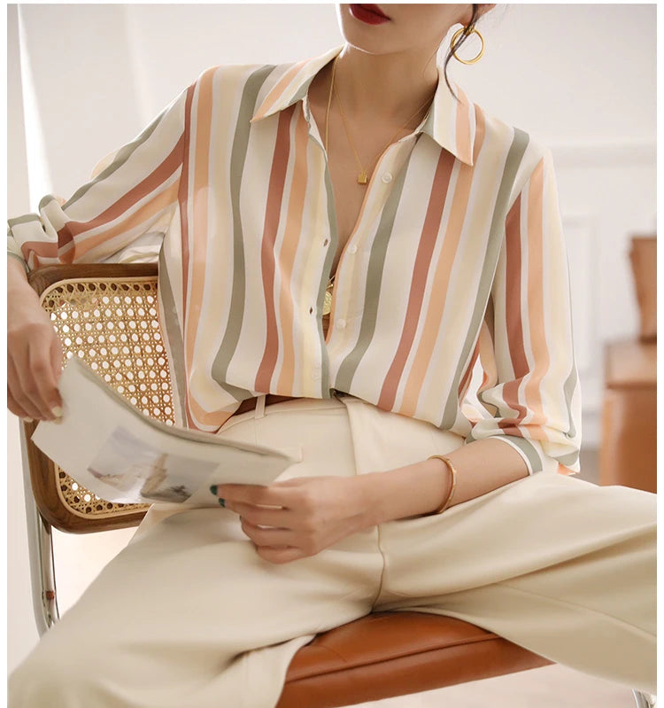 Stripe Women Shirt Satin Vintage Shirt for Women 2023 Autumn Clothes Korean Fashion Shirts and Blouses Basic Elegant Womens Tops