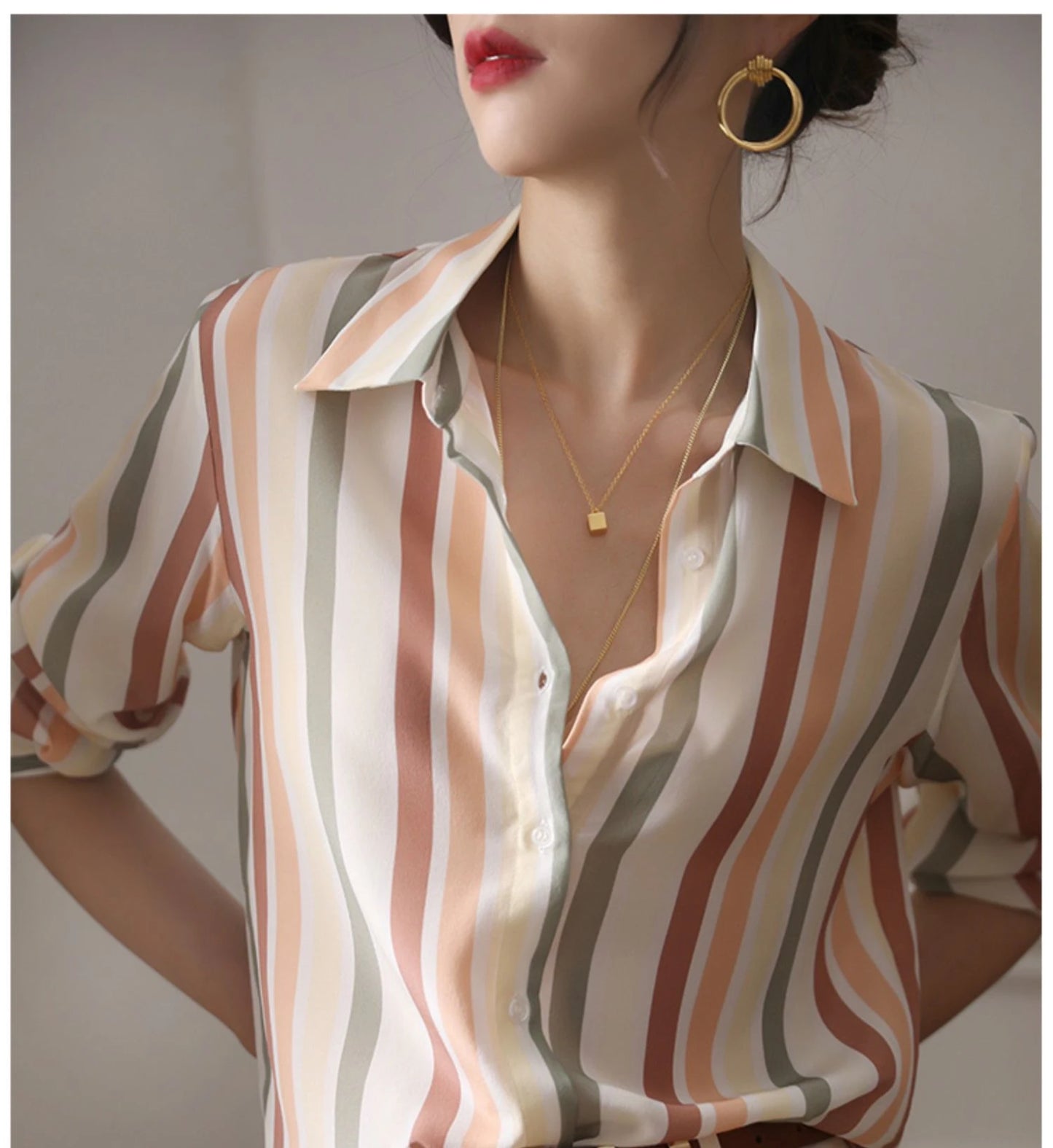 Stripe Women Shirt Satin Vintage Shirt for Women 2023 Autumn Clothes Korean Fashion Shirts and Blouses Basic Elegant Womens Tops