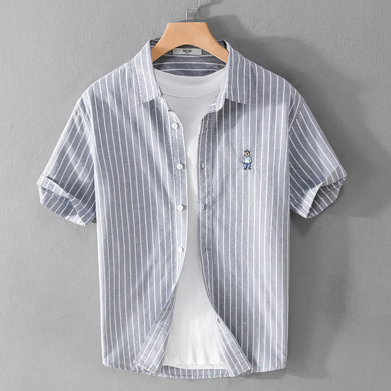 Summer Business Casual Men's Striped Short Sleeve Shirt Fashion Bear Embroidered Loose Trend Male Simple Versatile Tops Shirt