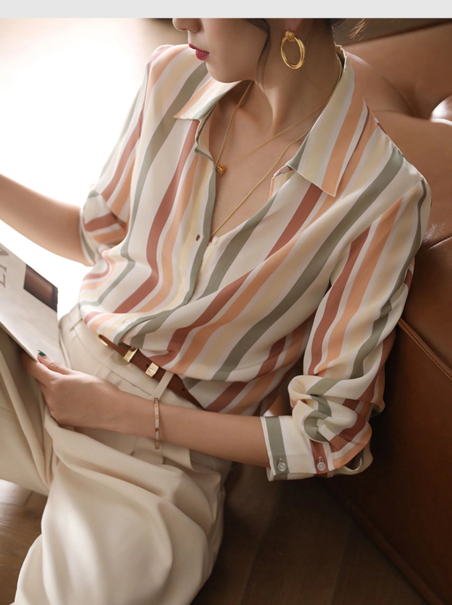 Stripe Women Shirt Satin Vintage Shirt for Women 2023 Autumn Clothes Korean Fashion Shirts and Blouses Basic Elegant Womens Tops