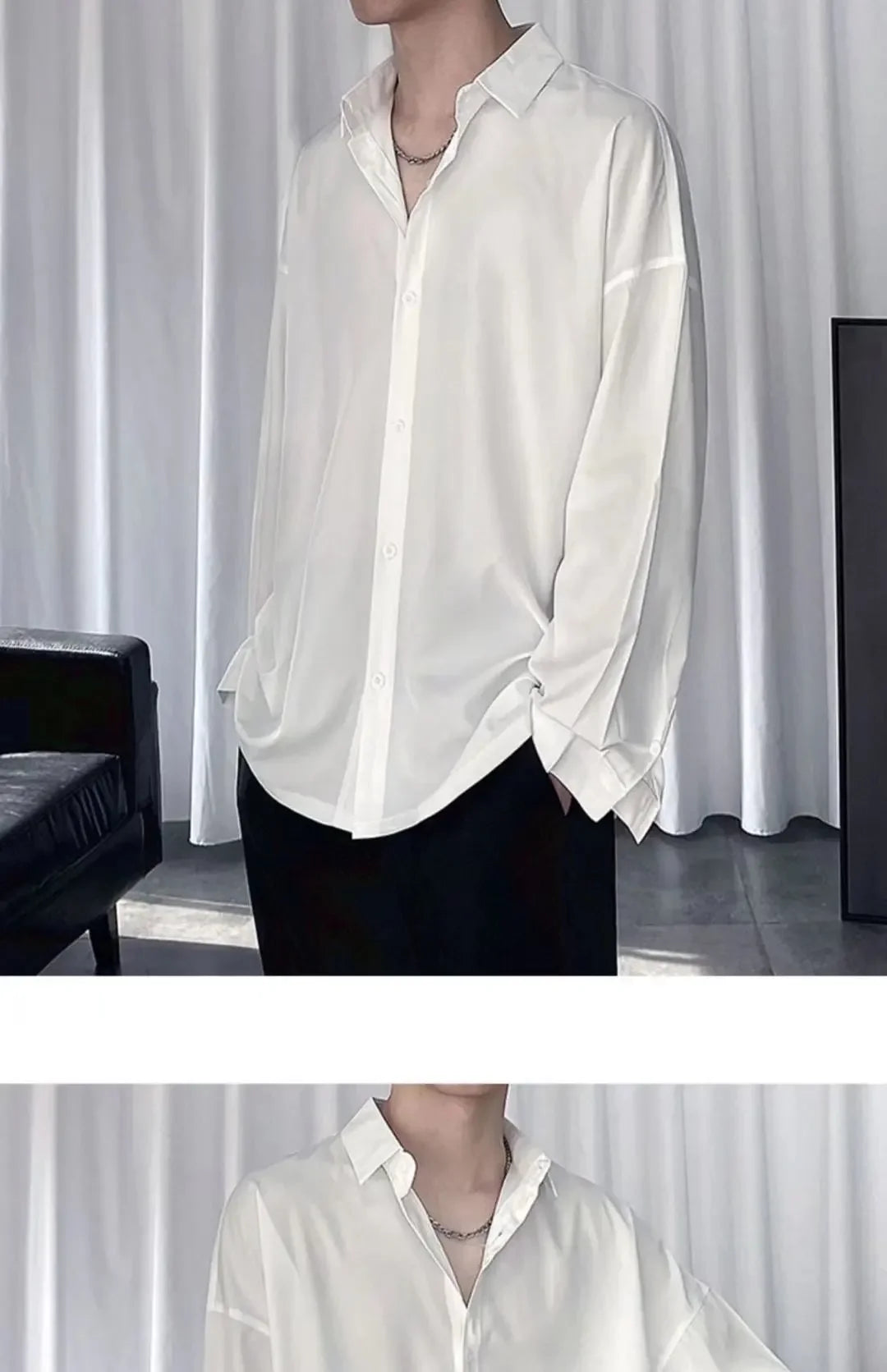 Black Shirt Men's Handsome Loose Drooping Long-sleeved Spring, Summer and Autumn Casual Men's Fashion Handsome Ice Silk Jacket