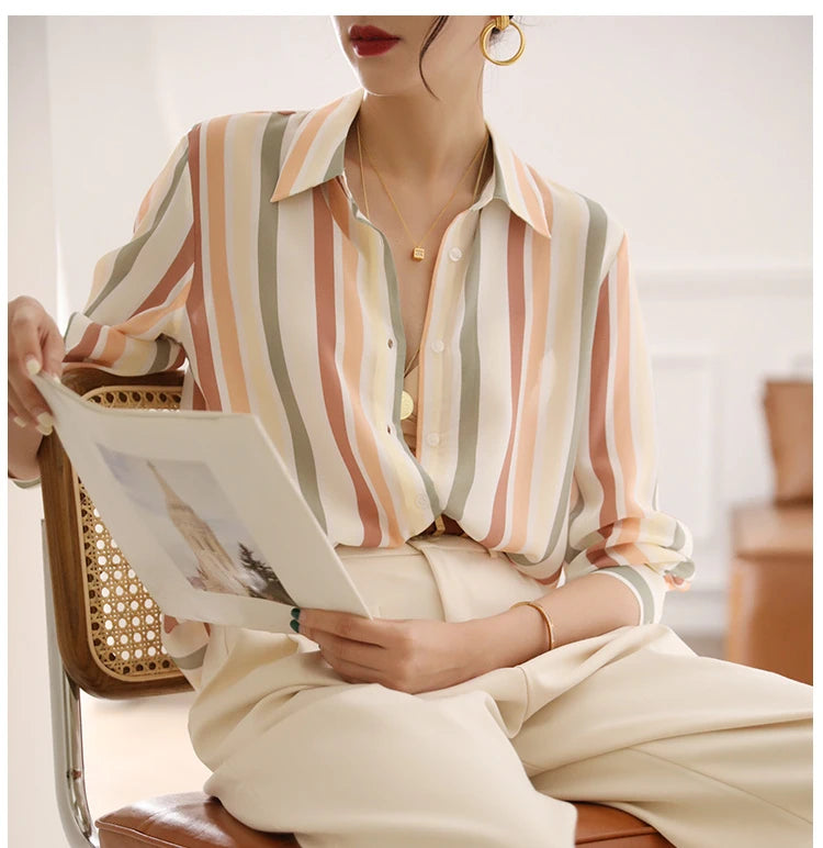 Stripe Women Shirt Satin Vintage Shirt for Women 2023 Autumn Clothes Korean Fashion Shirts and Blouses Basic Elegant Womens Tops