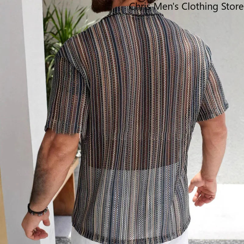 Hawaiian Men's Shirt 2025 Summer Striped Cutout Sexy Beach Short-sleeved Shirt, Trendy Men's Wear for Vacation and Nightclubs