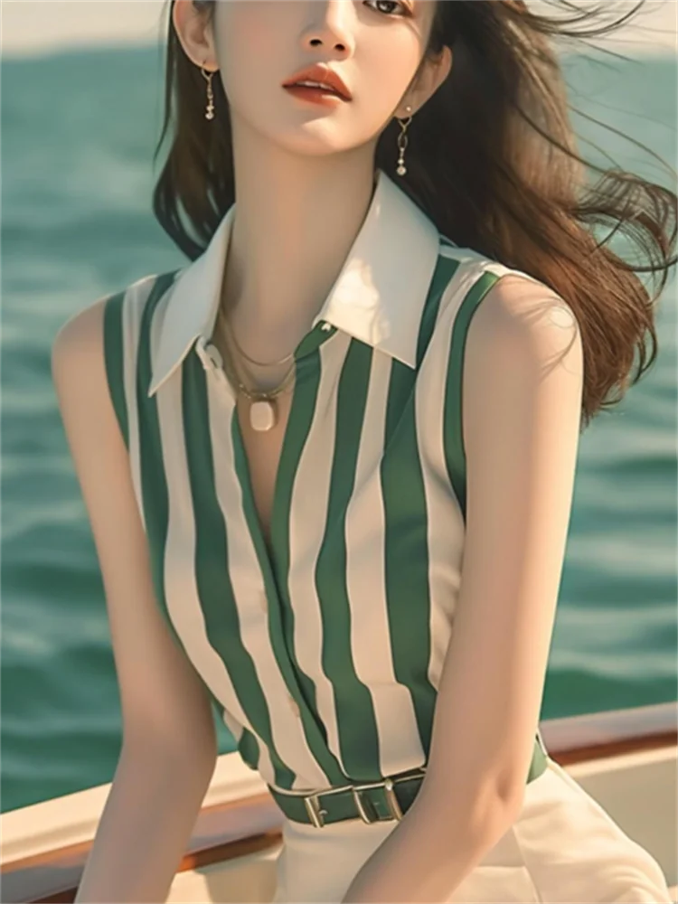 Sleeveless Shirt For Women Blouse Summer Woman Clothes Shirts Green Whiite Striped Blous Laple Cardigan Button Shirt Tops