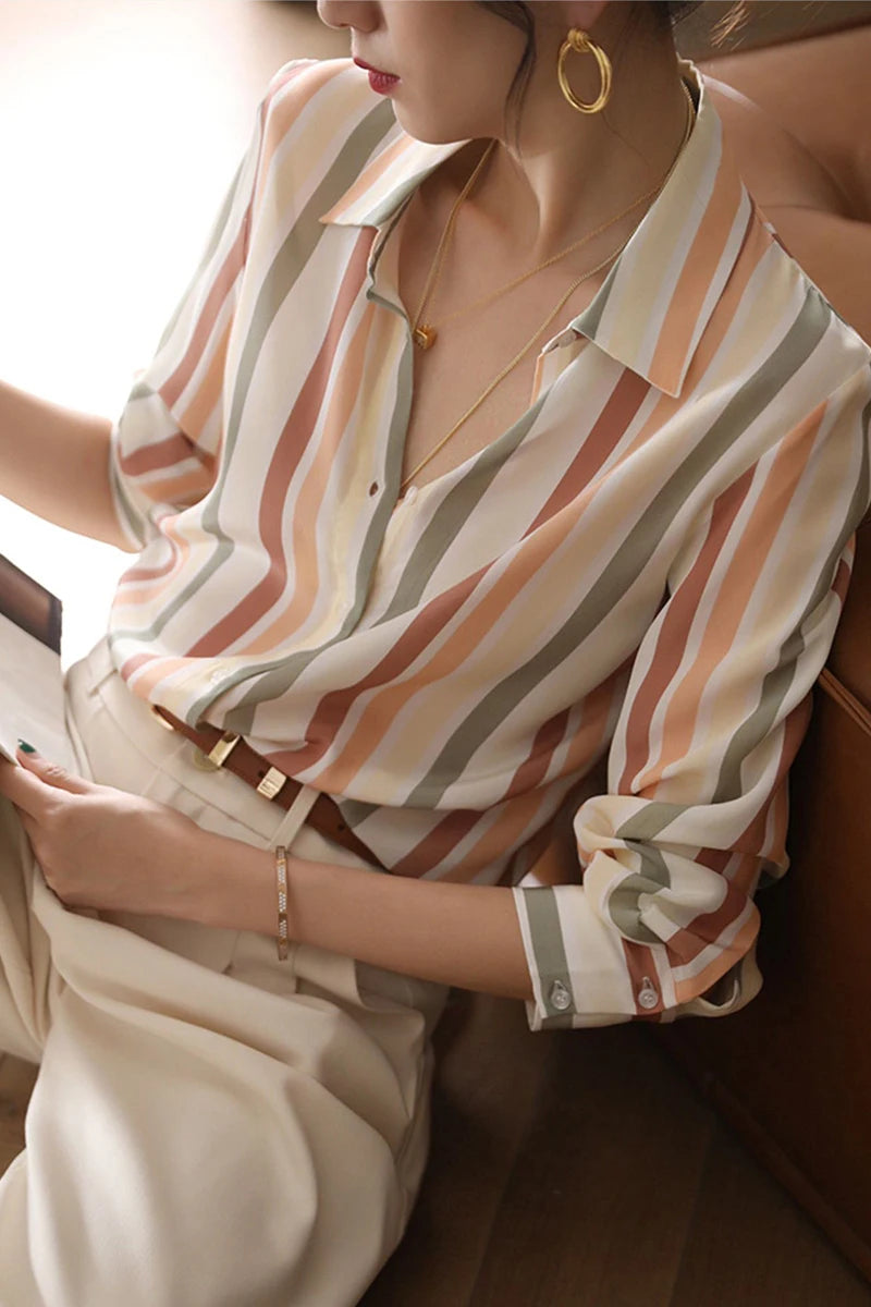 Stripe Women Shirt Satin Vintage Shirt for Women 2023 Autumn Clothes Korean Fashion Shirts and Blouses Basic Elegant Womens Tops