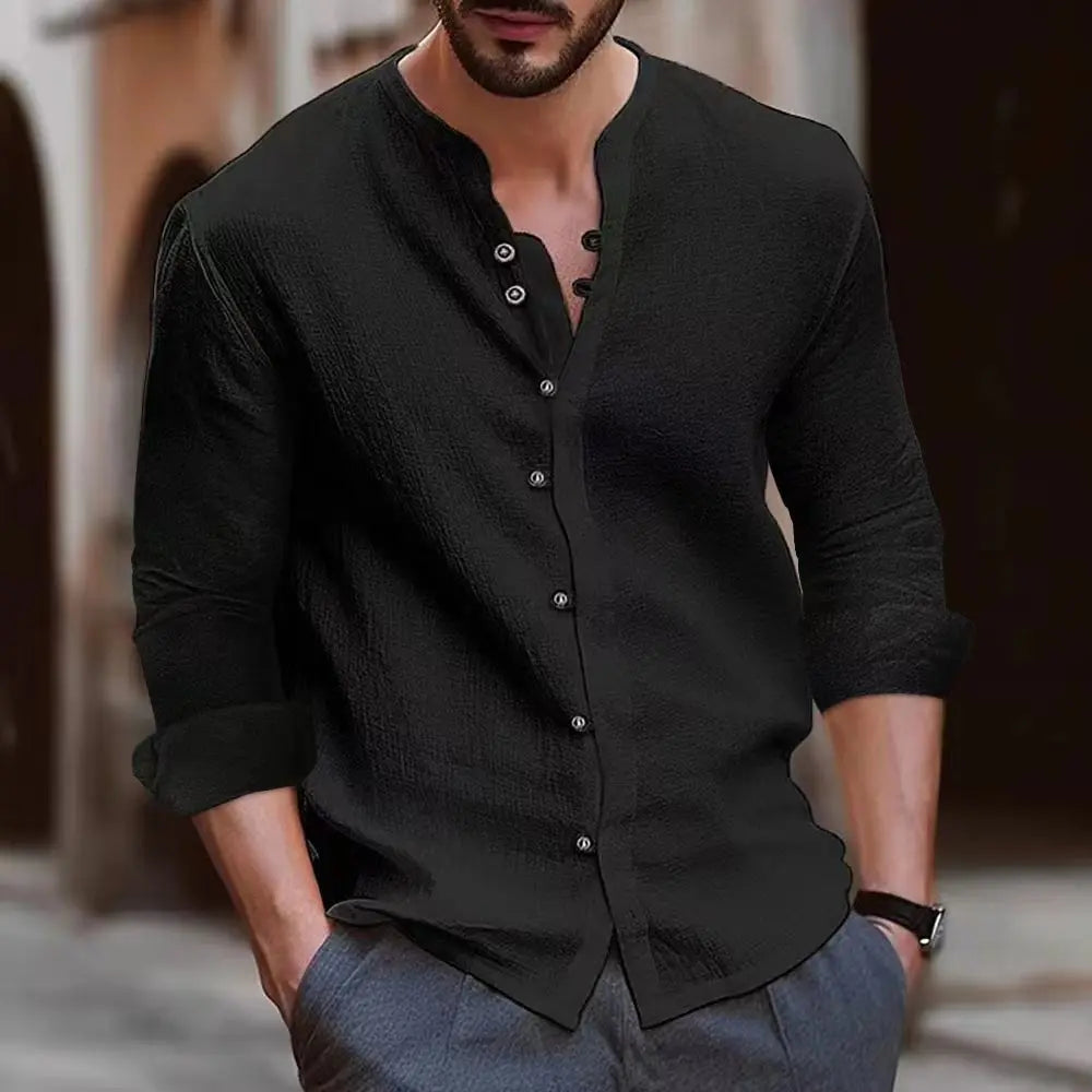 Solid-color Slim-fitting Home Shirt A New Fashionable Men's Retro Button Shopping And Casual Long-sleeved Shirt From Hawaii