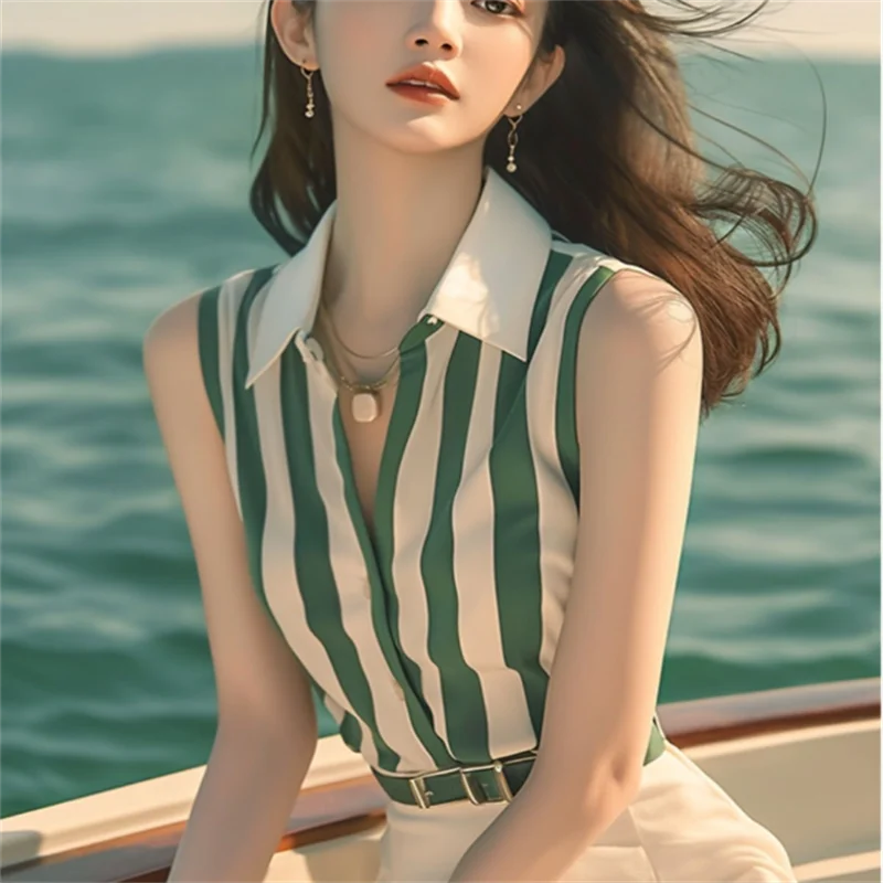 Sleeveless Shirt For Women Blouse Summer Woman Clothes Shirts Green Whiite Striped Blous Laple Cardigan Button Shirt Tops