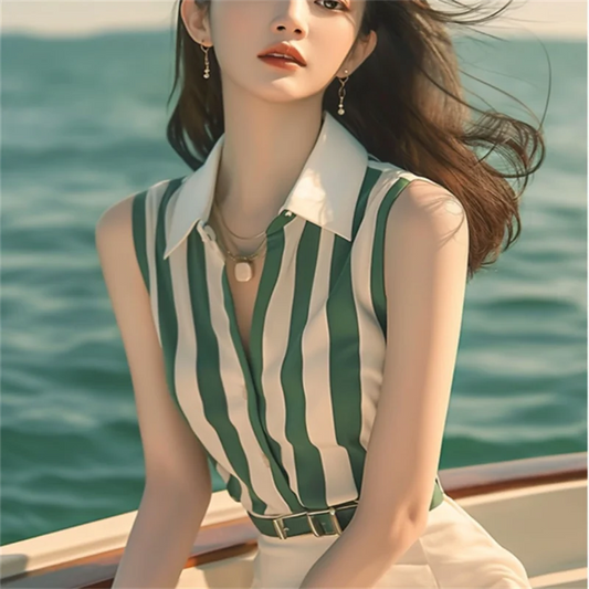 Sleeveless Shirt For Women Blouse Summer Woman Clothes Shirts Green Whiite Striped Blous Laple Cardigan Button Shirt Tops