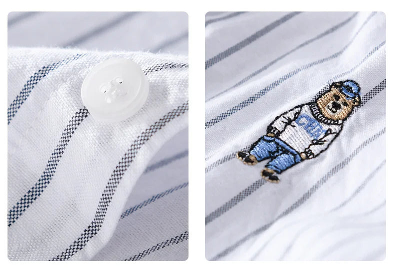 Summer Business Casual Men's Striped Short Sleeve Shirt Fashion Bear Embroidered Loose Trend Male Simple Versatile Tops Shirt
