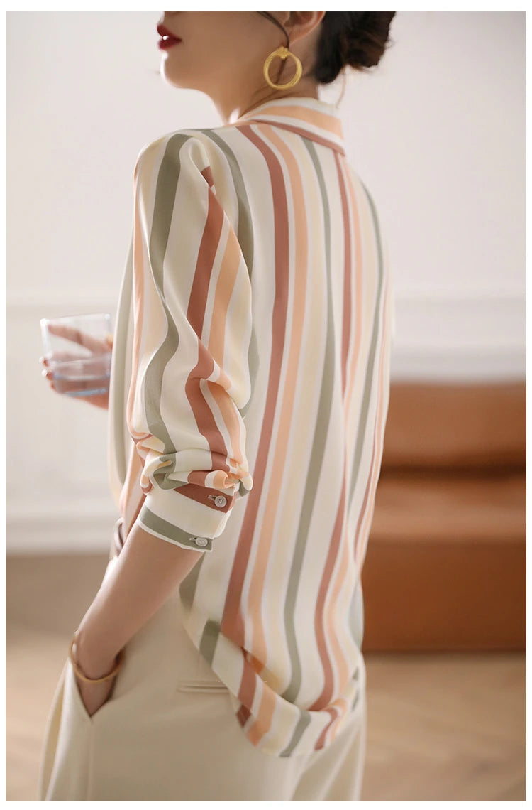 Stripe Women Shirt Satin Vintage Shirt for Women 2023 Autumn Clothes Korean Fashion Shirts and Blouses Basic Elegant Womens Tops