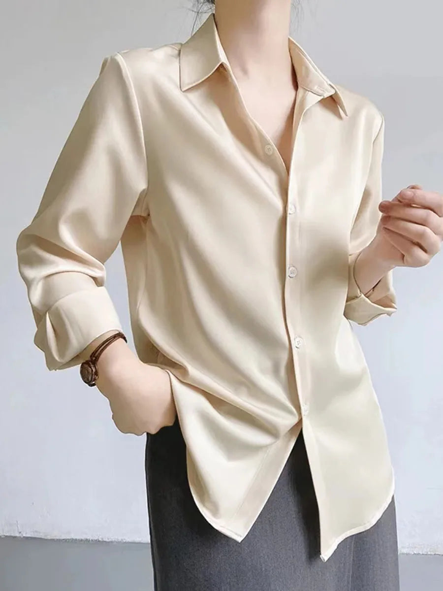 Simple Women's Satin Shirts Thin Spring New Solid Color Long Sleeve Advanced Sense Top Office Elegant Ladies Work Wear Fashion