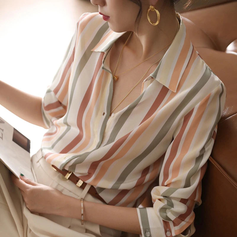 Stripe Women Shirt Satin Vintage Shirt for Women 2023 Autumn Clothes Korean Fashion Shirts and Blouses Basic Elegant Womens Tops