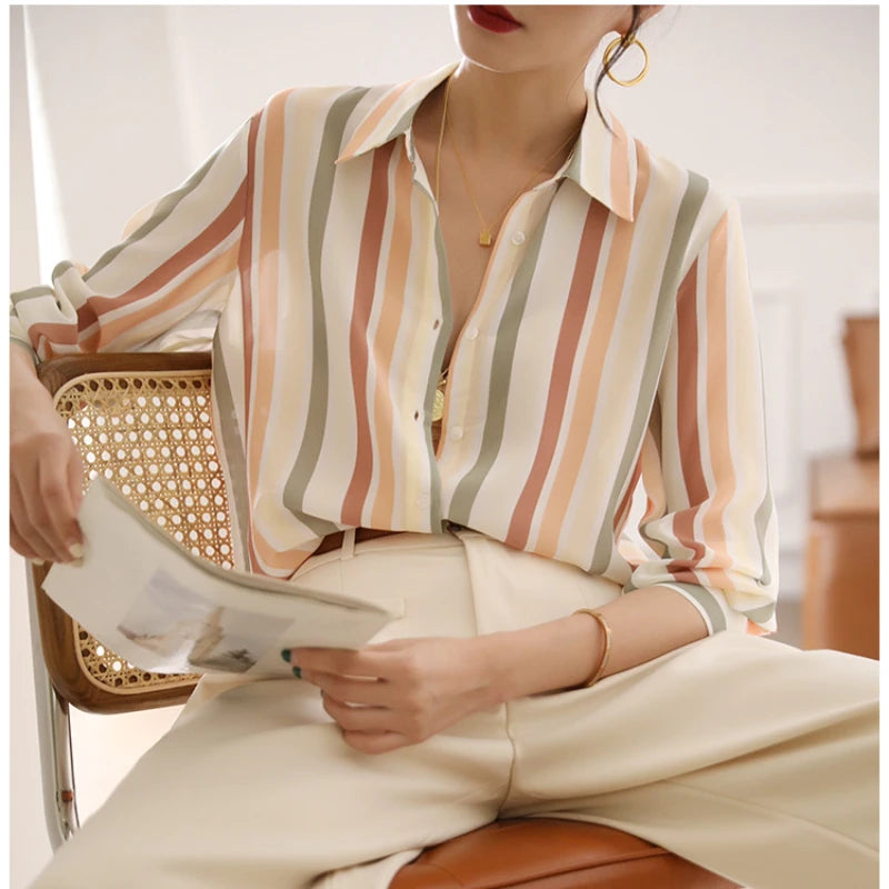 Stripe Women Shirt Satin Vintage Shirt for Women 2023 Autumn Clothes Korean Fashion Shirts and Blouses Basic Elegant Womens Tops
