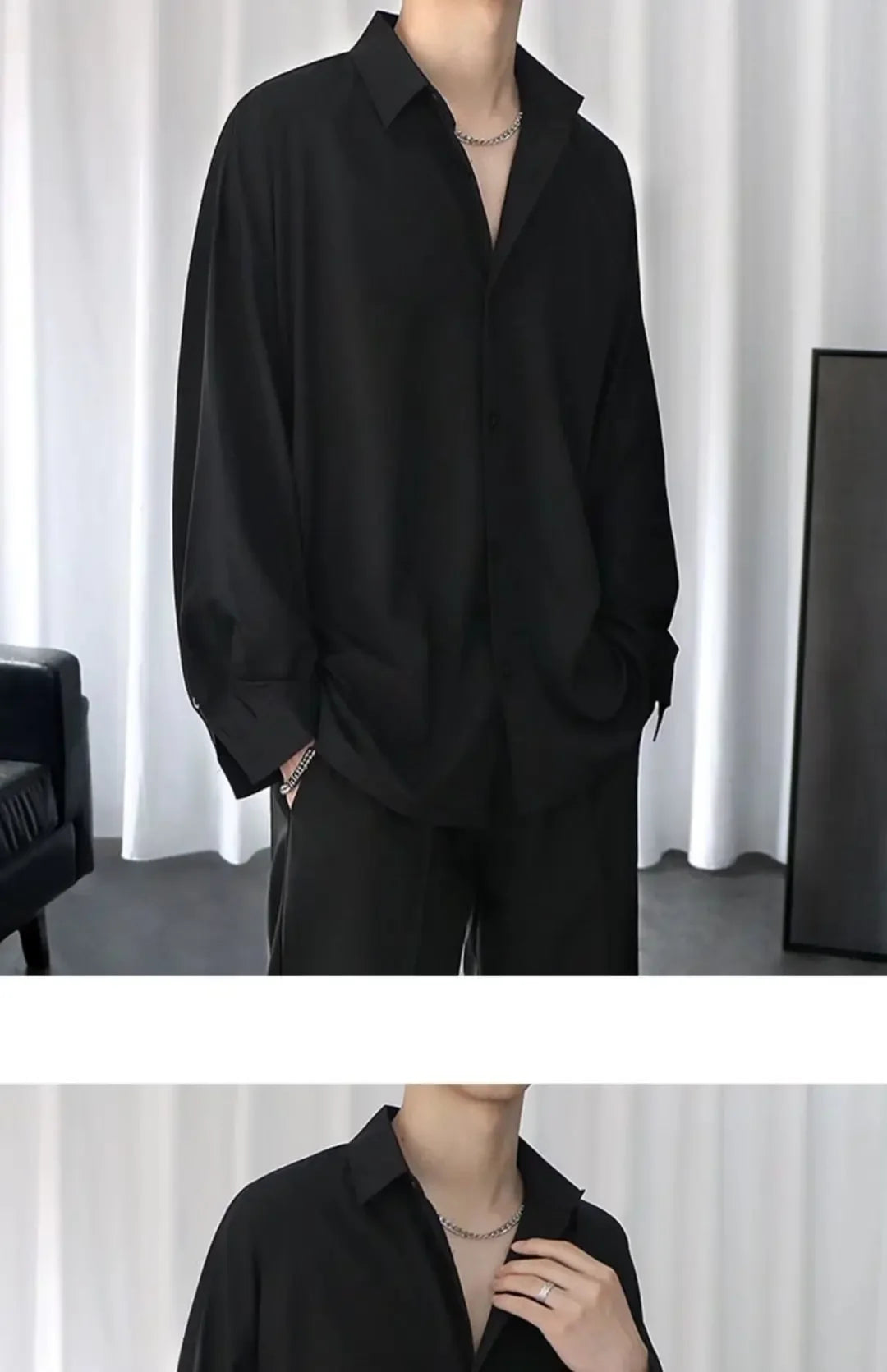 Black Shirt Men's Handsome Loose Drooping Long-sleeved Spring, Summer and Autumn Casual Men's Fashion Handsome Ice Silk Jacket