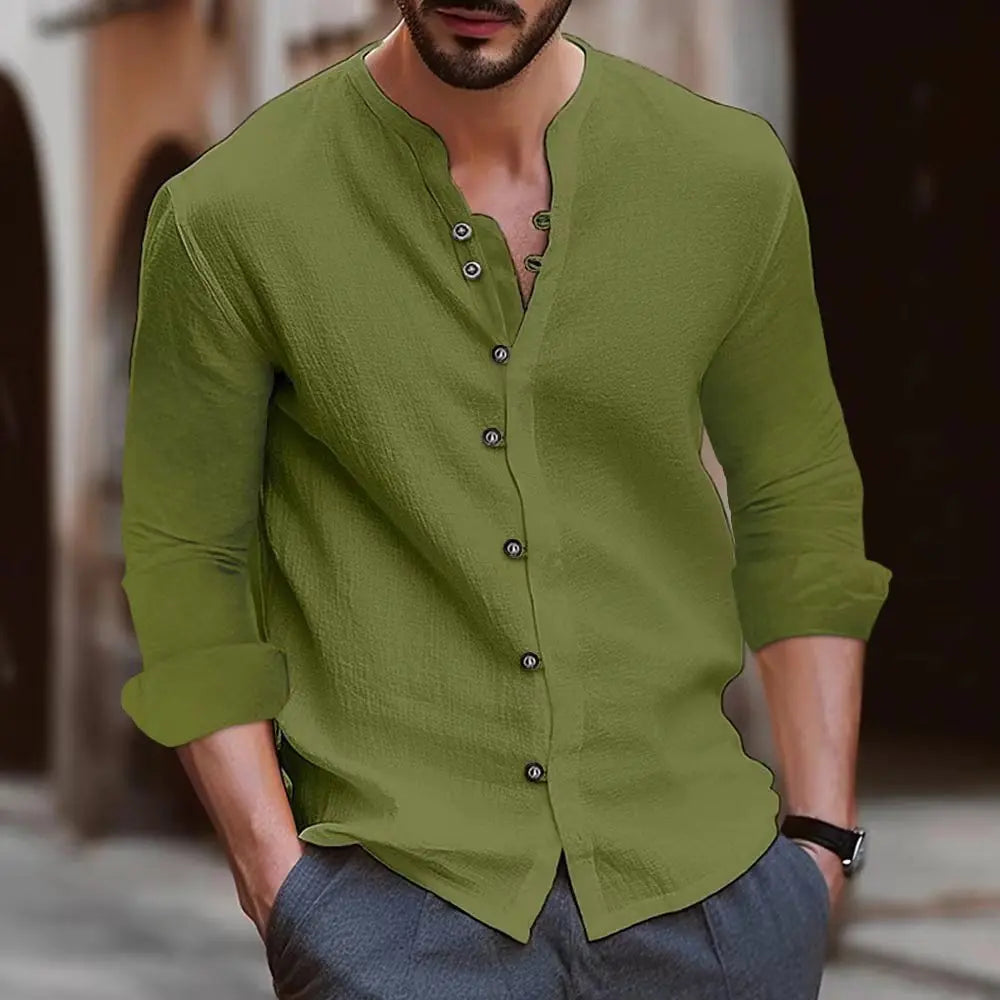 Solid-color Slim-fitting Home Shirt A New Fashionable Men's Retro Button Shopping And Casual Long-sleeved Shirt From Hawaii