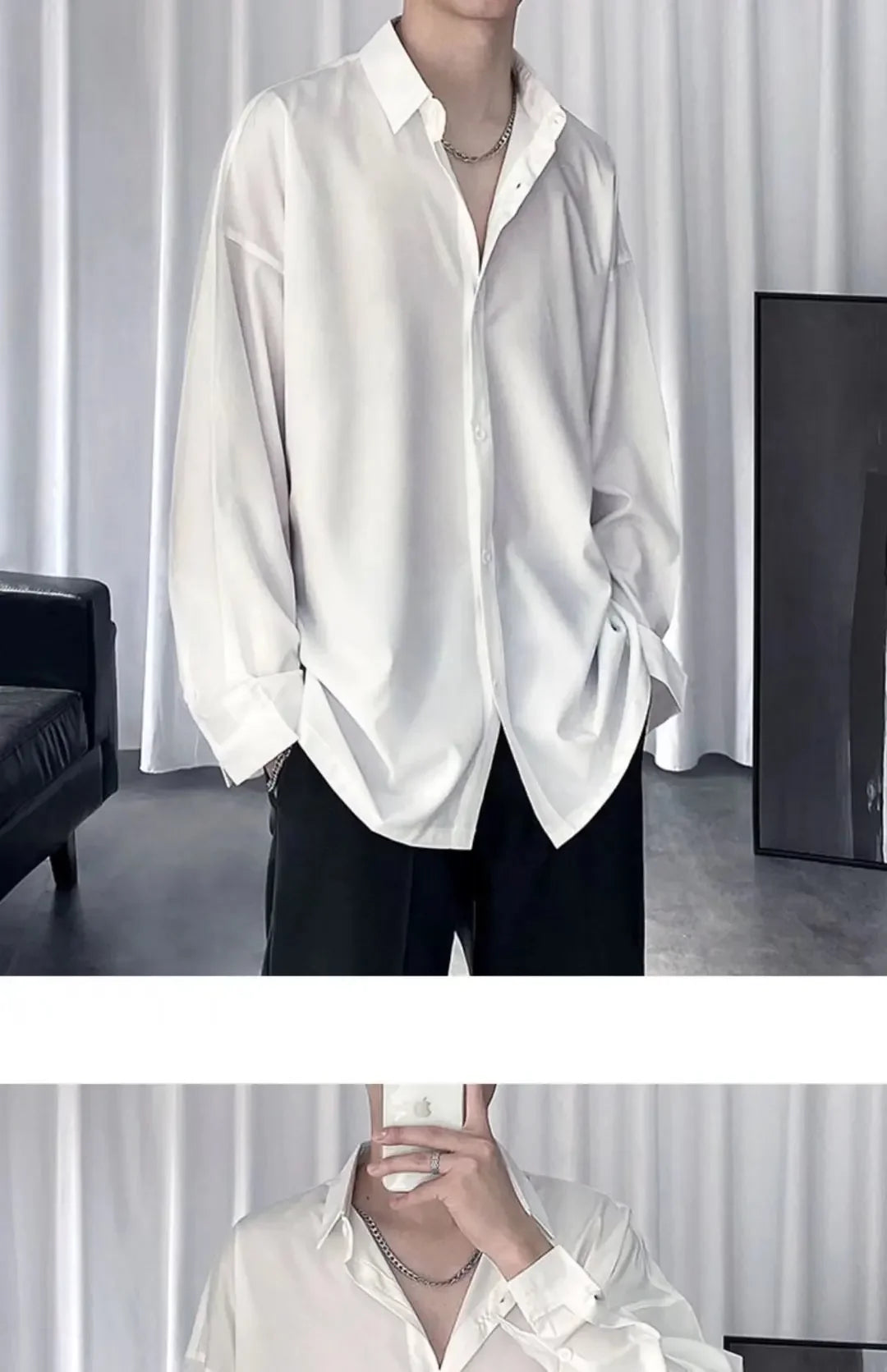 Black Shirt Men's Handsome Loose Drooping Long-sleeved Spring, Summer and Autumn Casual Men's Fashion Handsome Ice Silk Jacket