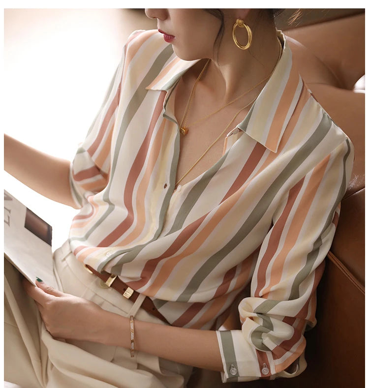 Stripe Women Shirt Satin Vintage Shirt for Women 2023 Autumn Clothes Korean Fashion Shirts and Blouses Basic Elegant Womens Tops