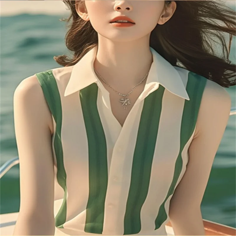 Sleeveless Shirt For Women Blouse Summer Woman Clothes Shirts Green Whiite Striped Blous Laple Cardigan Button Shirt Tops