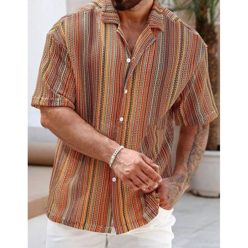 Hawaiian Men's Shirt 2025 Summer Striped Cutout Sexy Beach Short-sleeved Shirt, Trendy Men's Wear for Vacation and Nightclubs
