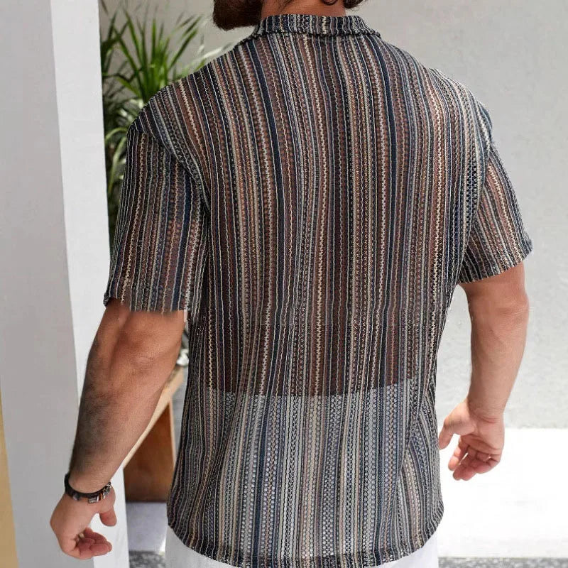 Hawaiian Men's Shirt 2025 Summer Striped Cutout Sexy Beach Short-sleeved Shirt, Trendy Men's Wear for Vacation and Nightclubs