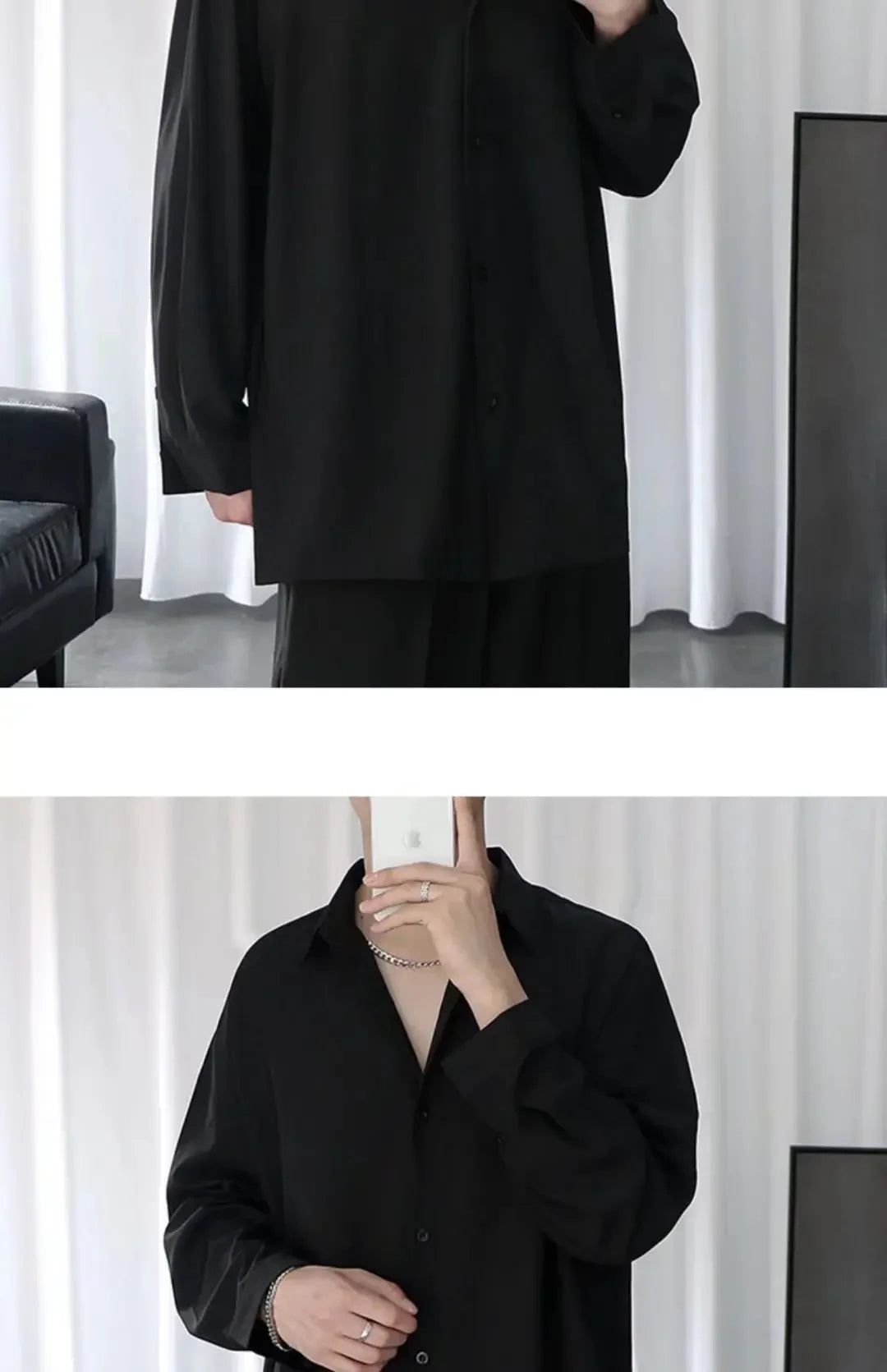Black Shirt Men's Handsome Loose Drooping Long-sleeved Spring, Summer and Autumn Casual Men's Fashion Handsome Ice Silk Jacket