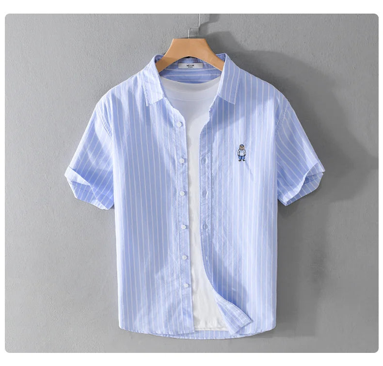 Summer Business Casual Men's Striped Short Sleeve Shirt Fashion Bear Embroidered Loose Trend Male Simple Versatile Tops Shirt