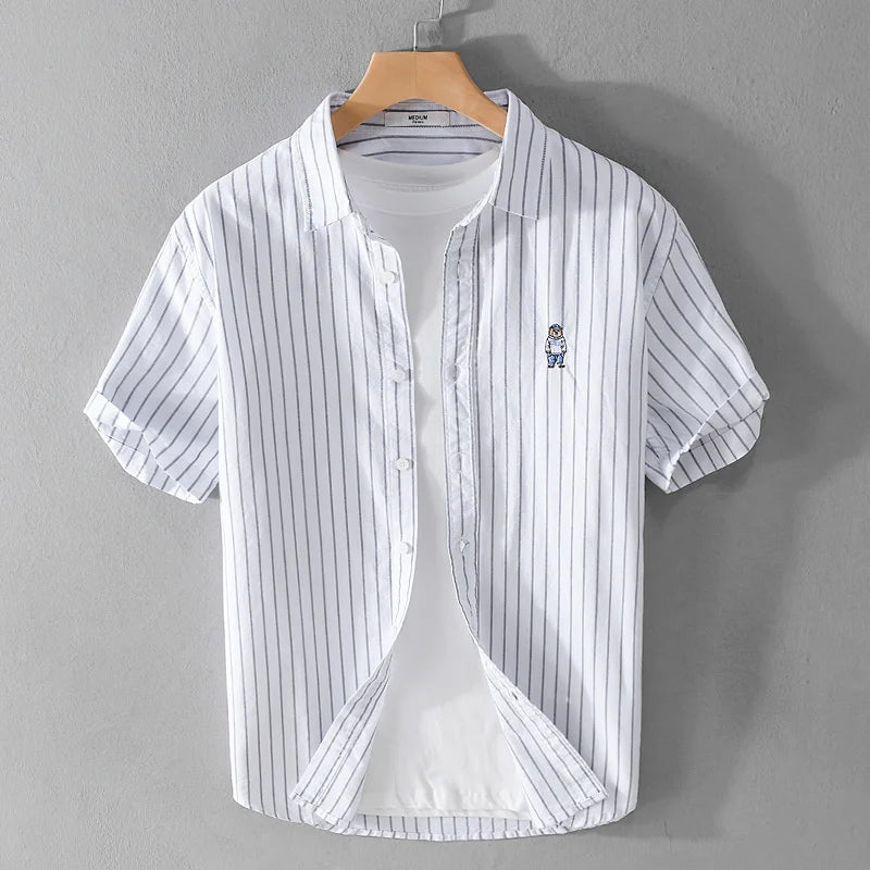 Summer Business Casual Men's Striped Short Sleeve Shirt Fashion Bear Embroidered Loose Trend Male Simple Versatile Tops Shirt