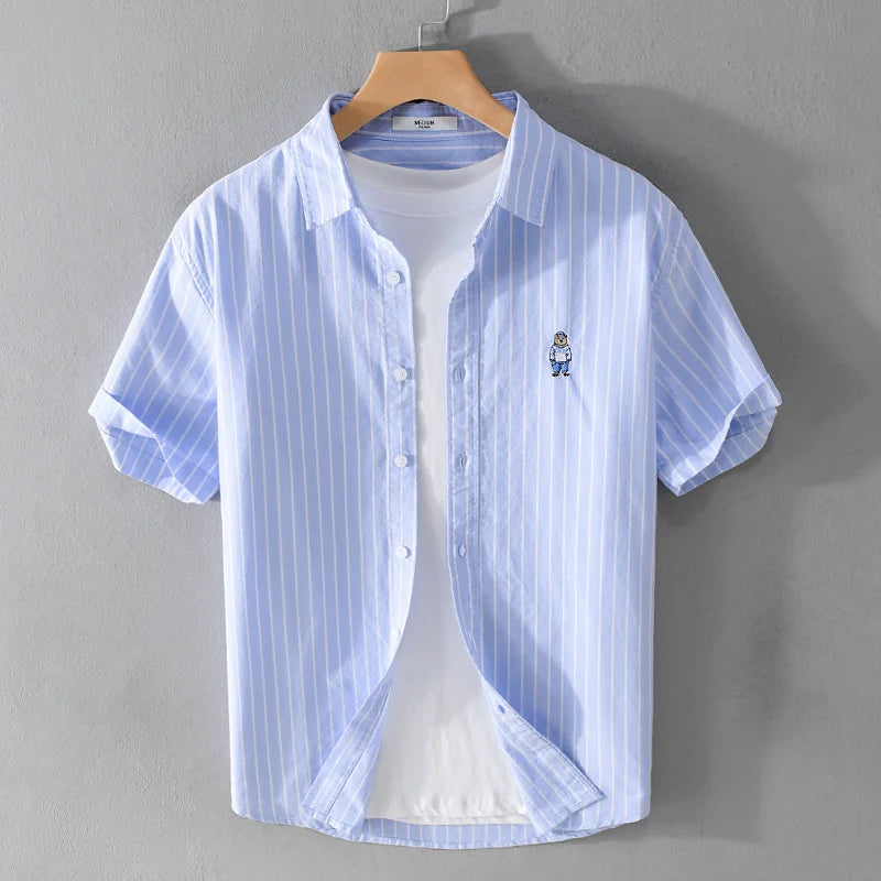 Summer Business Casual Men's Striped Short Sleeve Shirt Fashion Bear Embroidered Loose Trend Male Simple Versatile Tops Shirt
