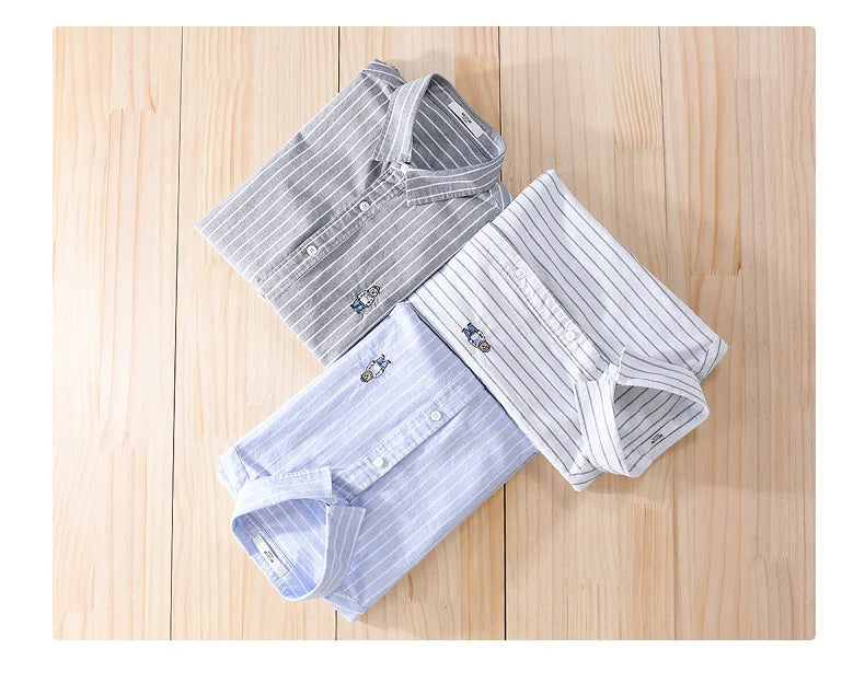 Summer Business Casual Men's Striped Short Sleeve Shirt Fashion Bear Embroidered Loose Trend Male Simple Versatile Tops Shirt