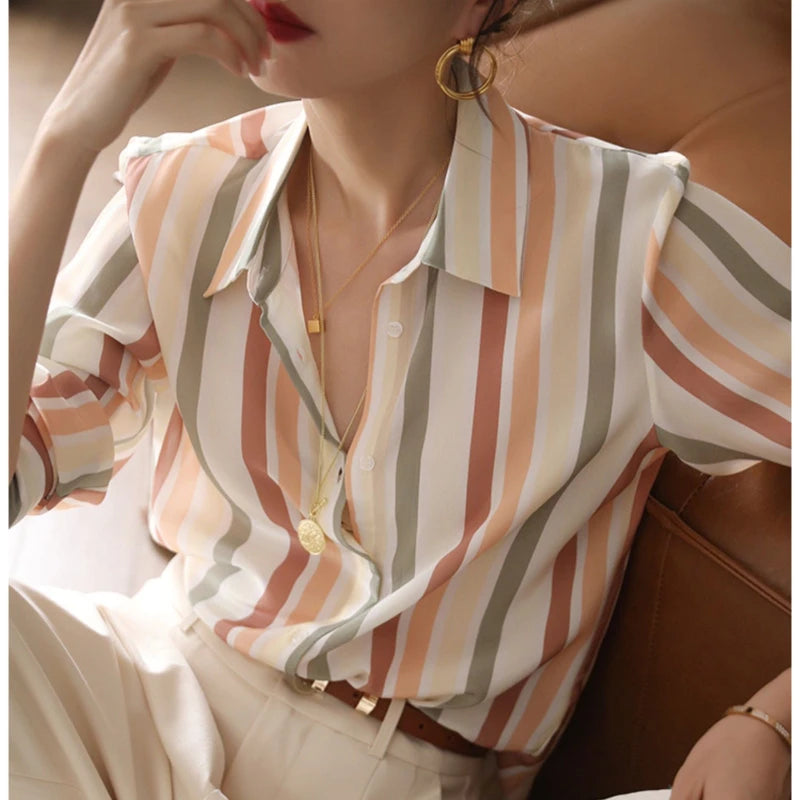 Stripe Women Shirt Satin Vintage Shirt for Women 2023 Autumn Clothes Korean Fashion Shirts and Blouses Basic Elegant Womens Tops