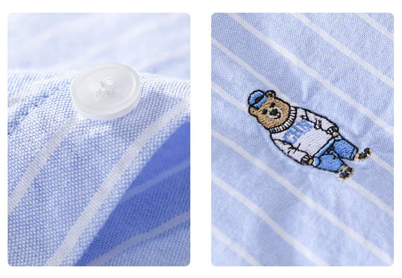 Summer Business Casual Men's Striped Short Sleeve Shirt Fashion Bear Embroidered Loose Trend Male Simple Versatile Tops Shirt