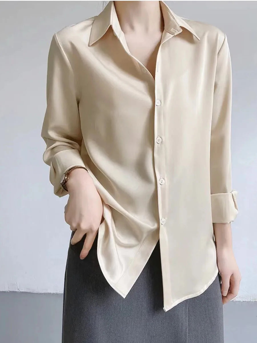 Simple Women's Satin Shirts Thin Spring New Solid Color Long Sleeve Advanced Sense Top Office Elegant Ladies Work Wear Fashion
