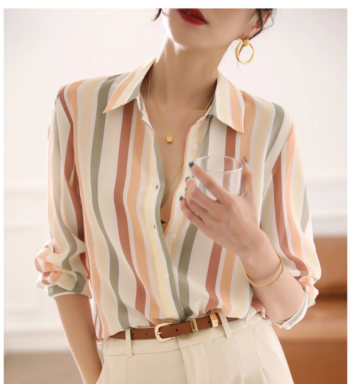 Stripe Women Shirt Satin Vintage Shirt for Women 2023 Autumn Clothes Korean Fashion Shirts and Blouses Basic Elegant Womens Tops