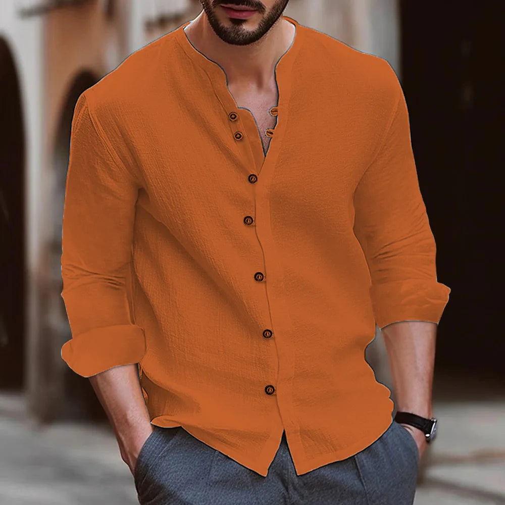 Solid-color Slim-fitting Home Shirt A New Fashionable Men's Retro Button Shopping And Casual Long-sleeved Shirt From Hawaii