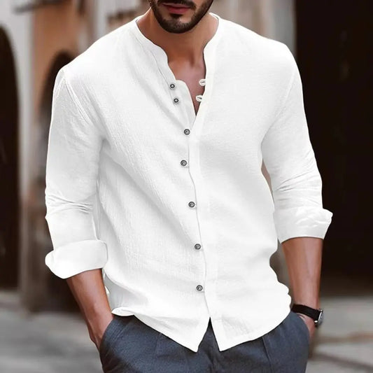 Solid-color Slim-fitting Home Shirt A New Fashionable Men's Retro Button Shopping And Casual Long-sleeved Shirt From Hawaii