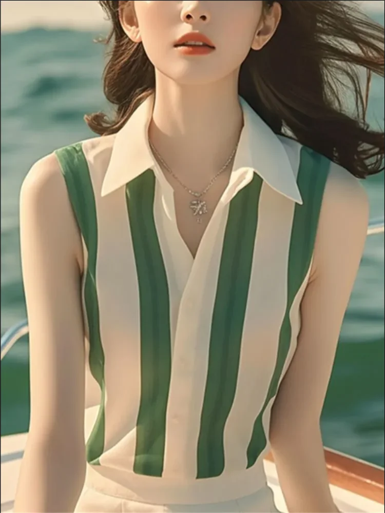Sleeveless Shirt For Women Blouse Summer Woman Clothes Shirts Green Whiite Striped Blous Laple Cardigan Button Shirt Tops