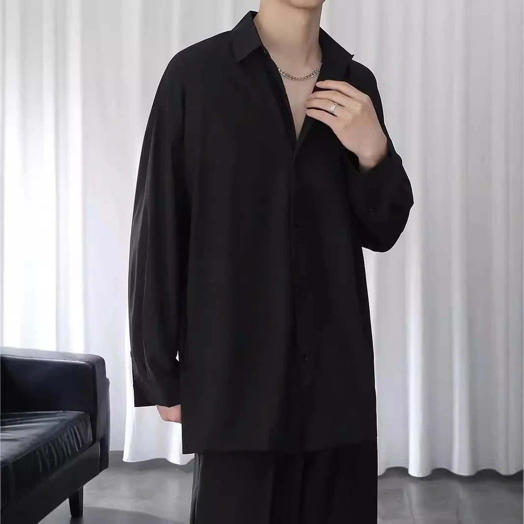 Black Shirt Men's Handsome Loose Drooping Long-sleeved Spring, Summer and Autumn Casual Men's Fashion Handsome Ice Silk Jacket