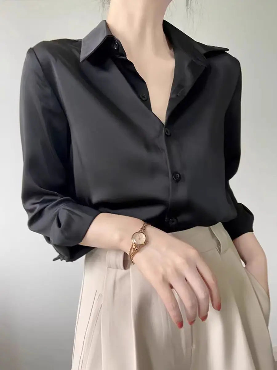Simple Women's Satin Shirts Thin Spring New Solid Color Long Sleeve Advanced Sense Top Office Elegant Ladies Work Wear Fashion