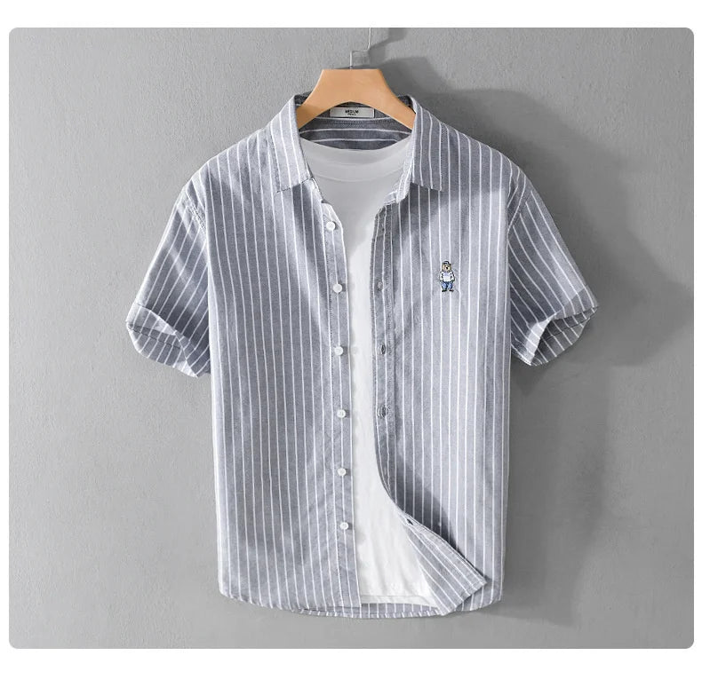 Summer Business Casual Men's Striped Short Sleeve Shirt Fashion Bear Embroidered Loose Trend Male Simple Versatile Tops Shirt