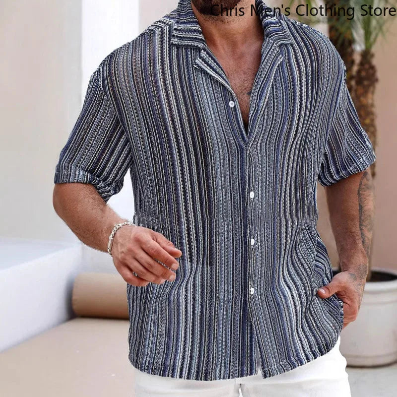 Hawaiian Men's Shirt 2025 Summer Striped Cutout Sexy Beach Short-sleeved Shirt, Trendy Men's Wear for Vacation and Nightclubs