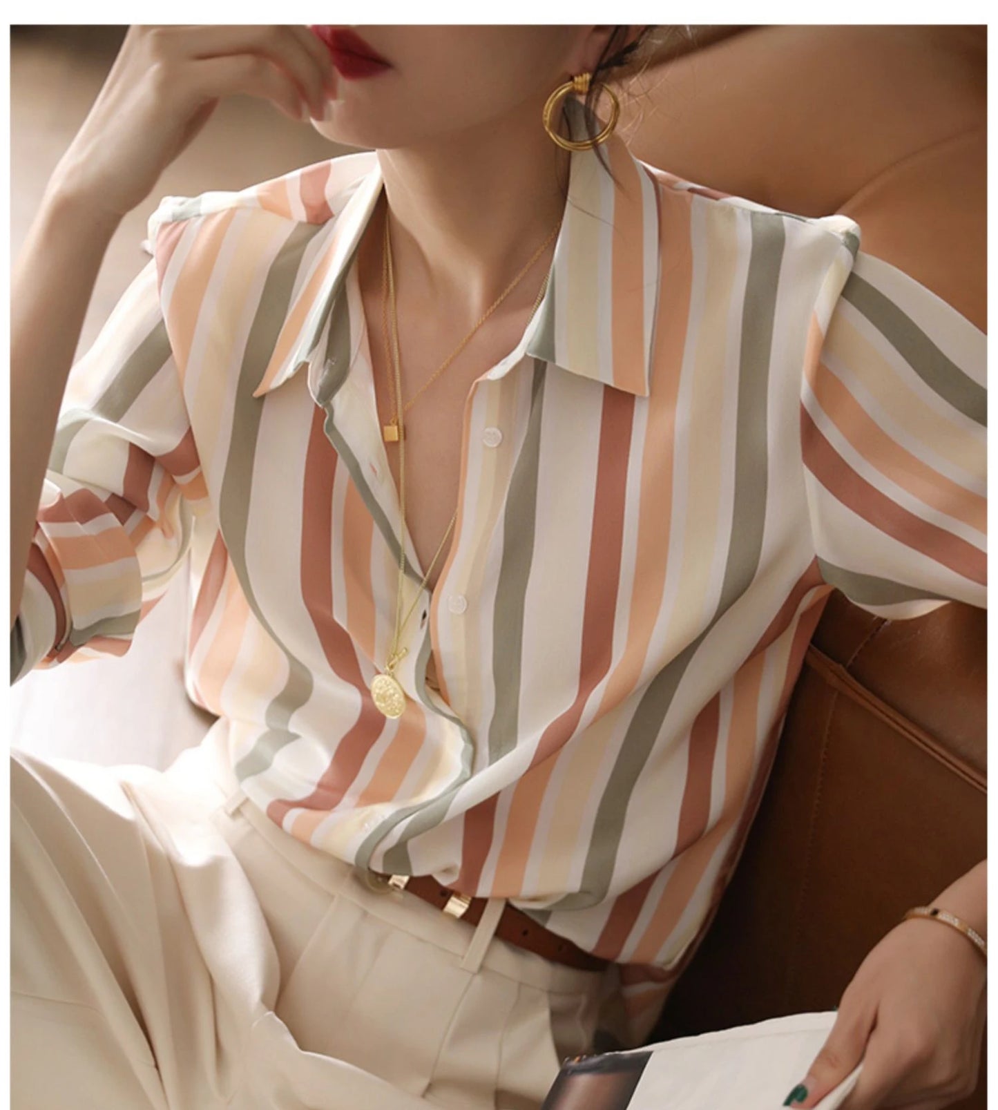 Stripe Women Shirt Satin Vintage Shirt for Women 2023 Autumn Clothes Korean Fashion Shirts and Blouses Basic Elegant Womens Tops