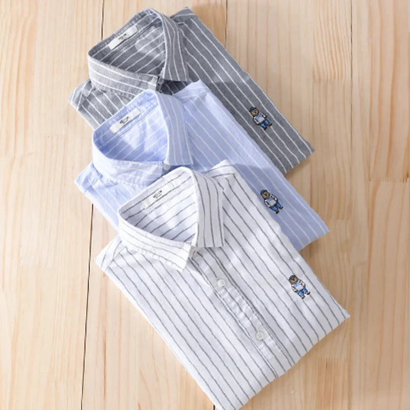 Summer Business Casual Men's Striped Short Sleeve Shirt Fashion Bear Embroidered Loose Trend Male Simple Versatile Tops Shirt