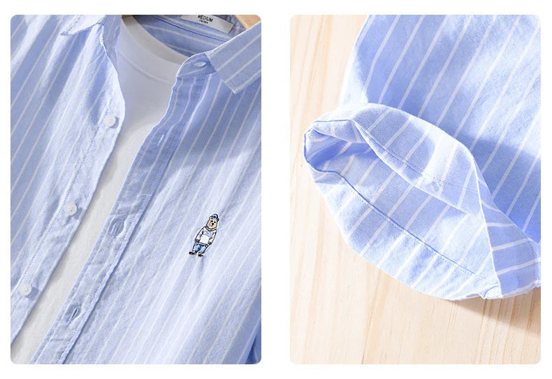 Summer Business Casual Men's Striped Short Sleeve Shirt Fashion Bear Embroidered Loose Trend Male Simple Versatile Tops Shirt